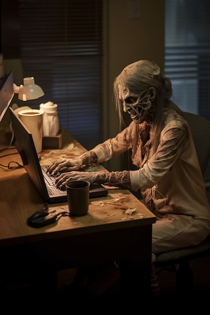 Foto gratuita primo piano sullo zombie che lavora al computer