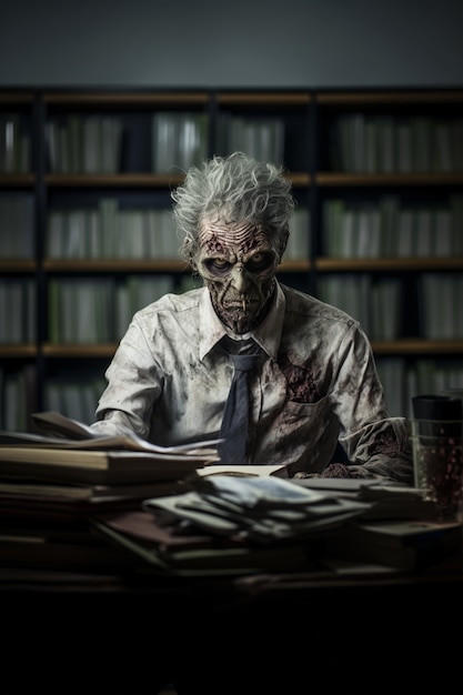 Foto gratuita primo piano sullo zombie che lavora in ufficio