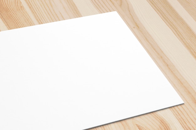 Free photo close view of blank paper card on wooden desk. 3d render.