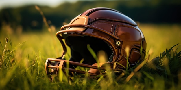 Бесплатное фото Близкий вид на поле с регби-шлем, мягко сфокусированный