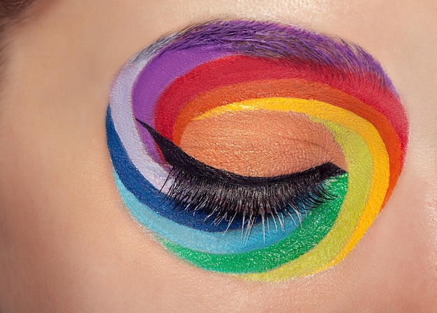 Closed eye with colors spectrum make up around it. Studio shooting. Close up. Fashion make up and on stage art