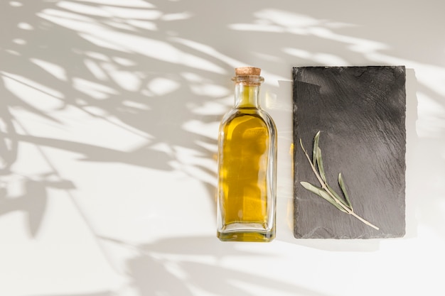 Closed olive oil bottle and twig on stone plate over the plain background