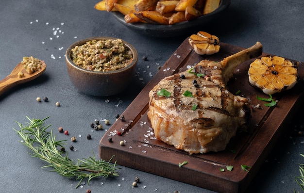 Closeu shot of a seasoned stake on a board served with fries