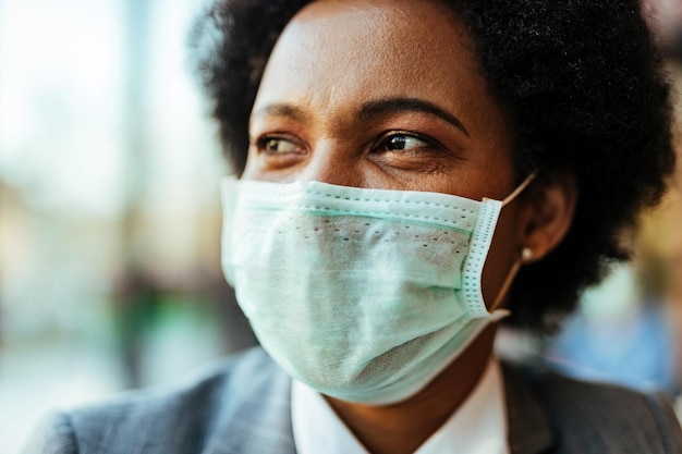 Closeup of African American woman wearing protective face mask