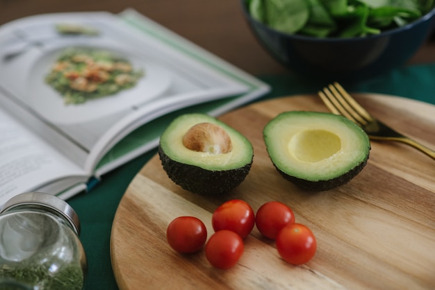 Closeup of avocado and salad