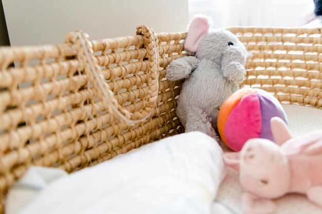 closeup of a baby basket and toys