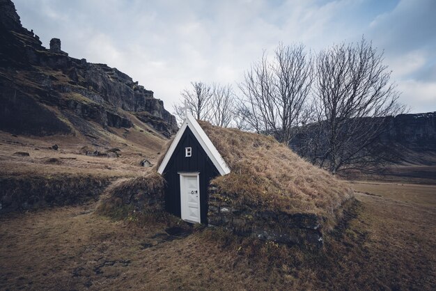 Closeup of a beautiful turf house in a grassy valley in Iceland