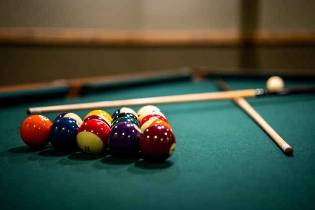Closeup of billiard balls and sticks on the table