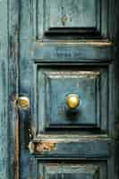 Free photo closeup of blue turquoise old textured antique door with gold br