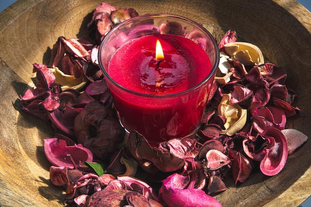 Closeup burning red candle among rose petals