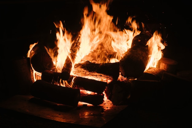 A closeup of burning wood in a fireplace