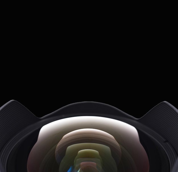 Closeup of camera lens over black background copy space