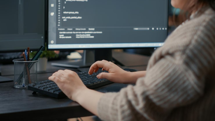 Free Photo closeup of caucasian software coder hands typing on keyboard in front of computer screens with programming interface. database developer sitting at desk writing algorithm for it agency.