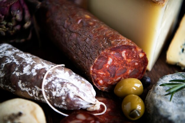 Closeup of charcuterie meat products