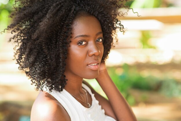 Closeup of Charming Black Woman in Park