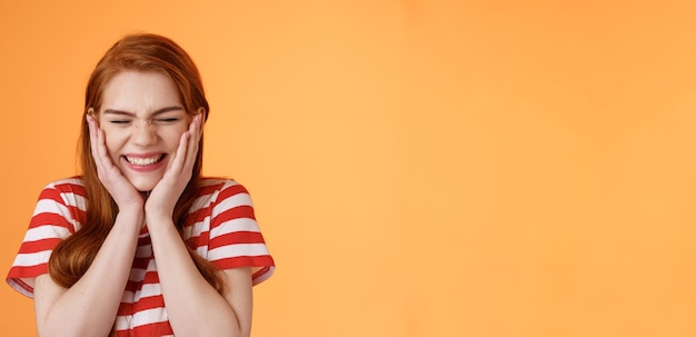 Closeup cheerful lucky excited smiling girl cannot believe cheering hear excellent news close eyes c