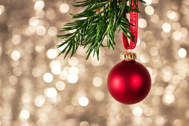 Closeup of christmas decorations with bright colorful bokeh on background, christmas concept