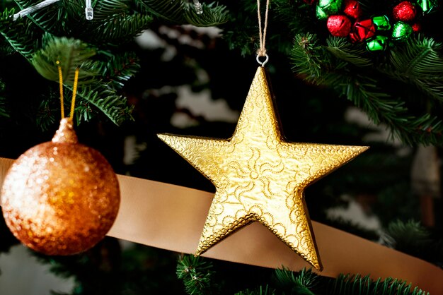 Closeup of Christmas tree ornaments