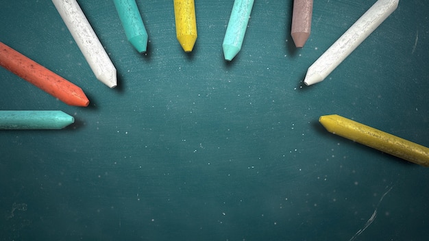 Closeup colorful chalk on blackboard, school background. elegant and luxury 3d illustration of education theme