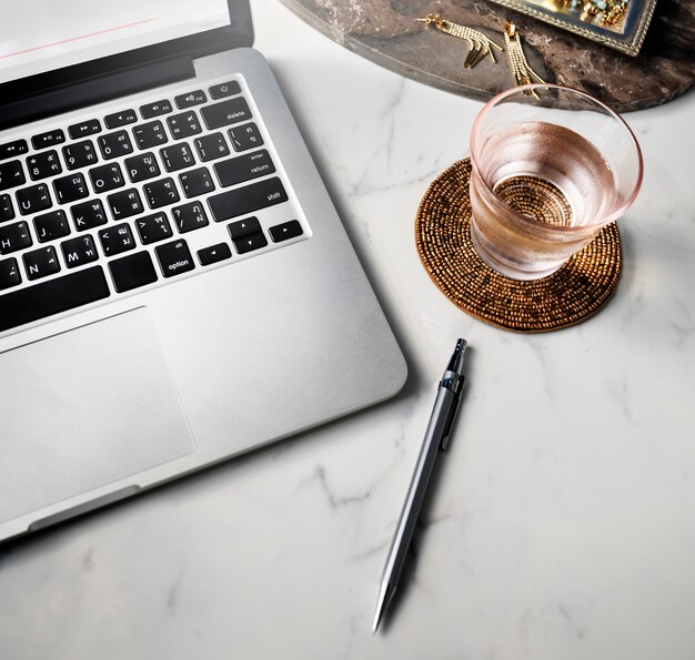 Closeup of computer laptop on marble table