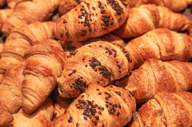 Closeup croissants on a counter in a supermarket