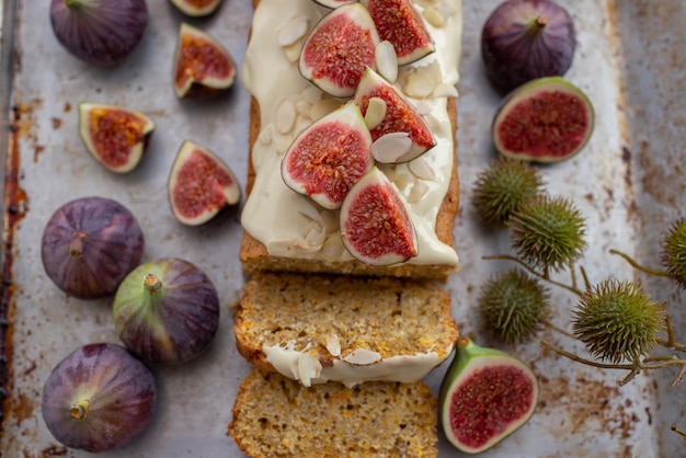 Closeup of delicious homemade pumpkin fig cake with chestnuts on the table