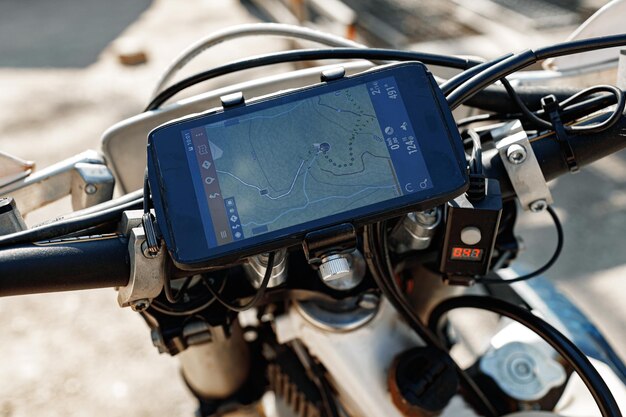 Closeup details of cross motorcycle parked on ground