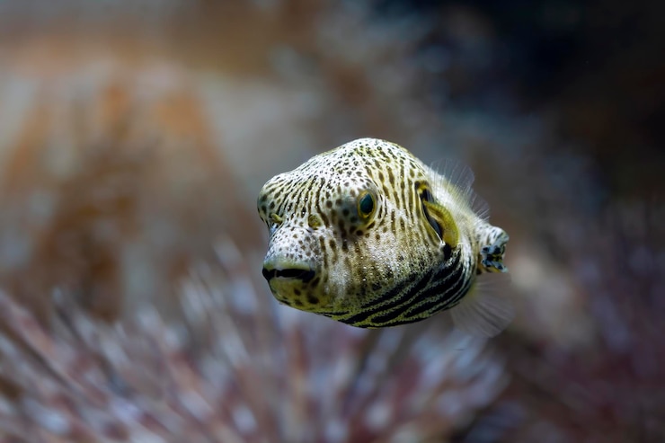 Free Photo closeup face puffer fish front view cute face of puffer fish