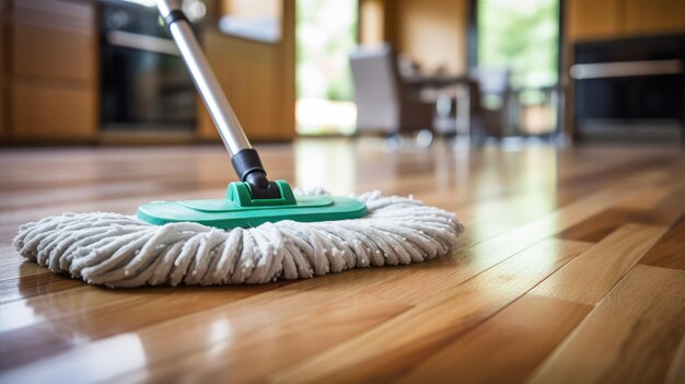 床の掃除プロセスのクローズアップ