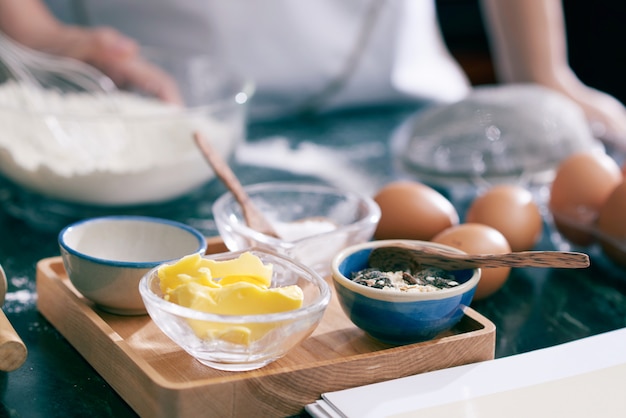 Closeup of food ingredients for baking cookies