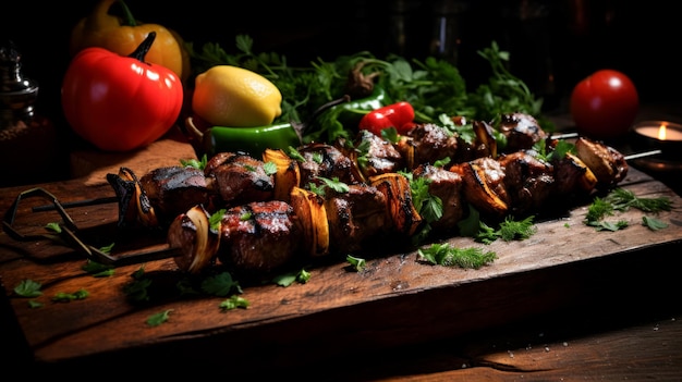 Free photo closeup on freshly prepared kebabs on a wooden tray dinner time an idea for advertising a restaurant