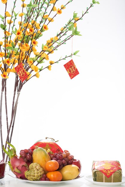 Closeup of fruit dish served for the tet dinner