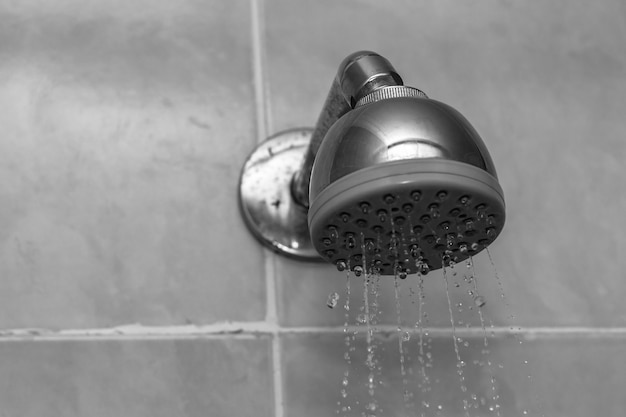 Closeup grayscale shot of a showerhead with water dripping down