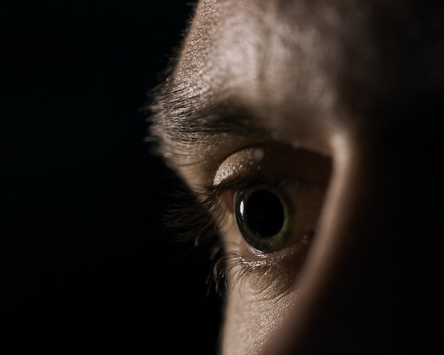 Closeup of a green human eye with dilated pupils on a black background