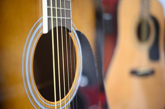 Closeup of the guitar strings Selected focus