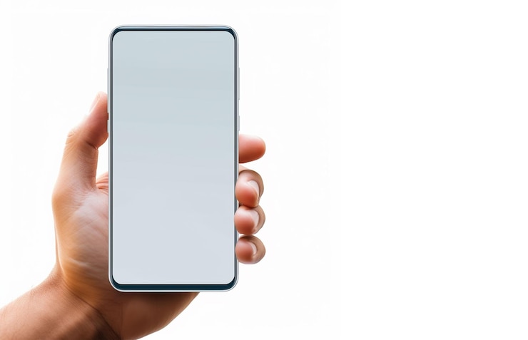 Бесплатный Фотография рука крупным планом держит пустой экран iphone на простом фоне