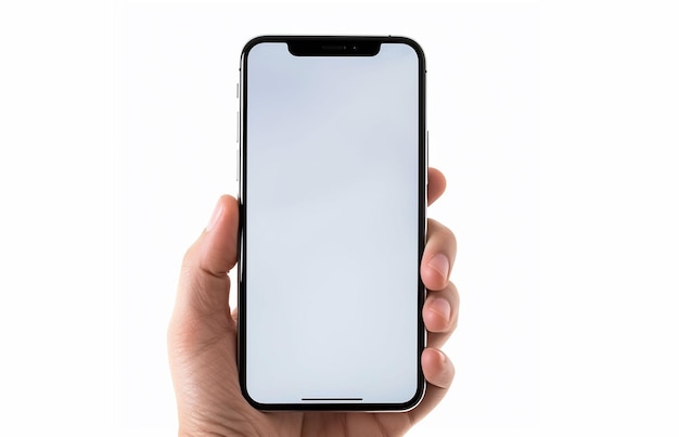 Foto gratuita mano del primo piano che tiene l'iphone dello schermo in bianco nella priorità bassa bianca