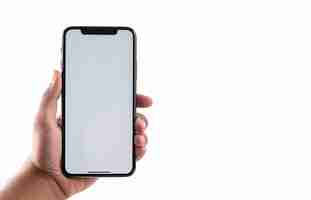 Free photo closeup hand holding blank screen mobile phone in white background