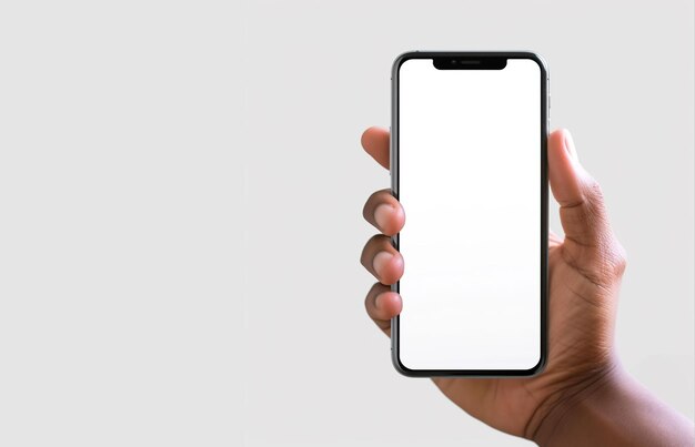 closeup hand holding blank screen smartphone in plain background