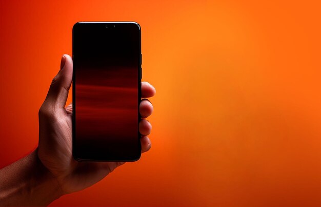 Free photo closeup hand holding smartphone in orange gradient background