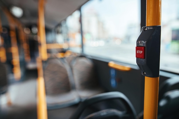 Closeup of handle in empty bus during global coronavirus epidemic