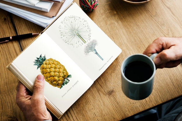 Free photo closeup of hands holding open novel and coffee cup