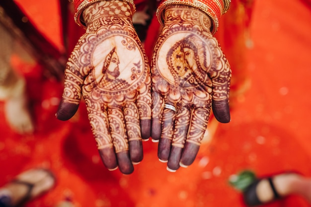 Closeup of hands of pretty hindu bride with henna tattoo