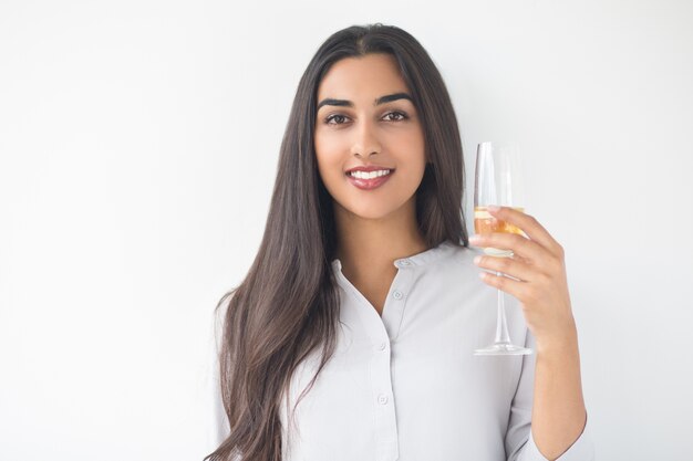 Closeup of Happy Nice Lady Raising Glass of Wine