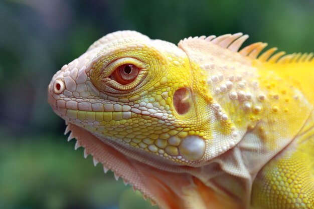 Closeup head of yellow albino iguana closeup