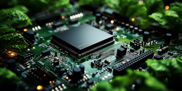 CloseUp Image of Computer Microchip surrounded by green leaves