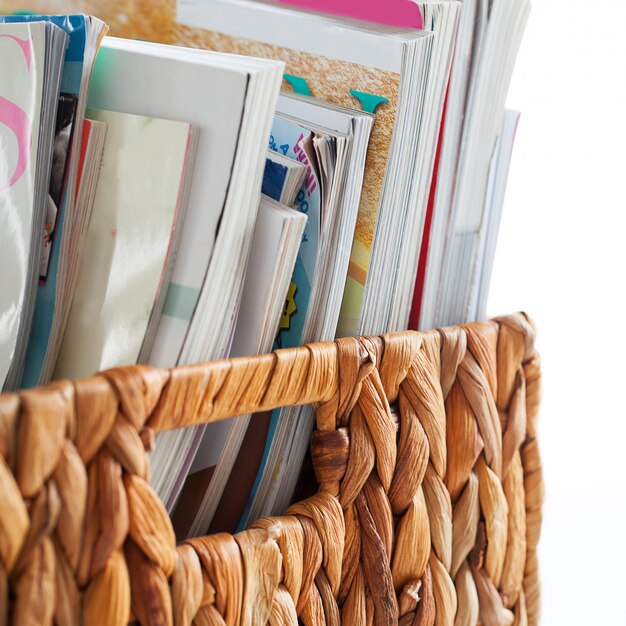 Closeup image of magazines in a box