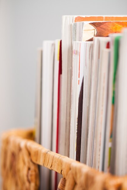 Closeup image of magazines in a box