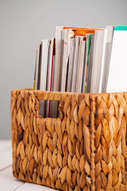 Closeup image of magazines in a box