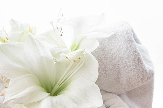 無料写真 クローズ アップのユリの花と分離した白い背景の上のタオル